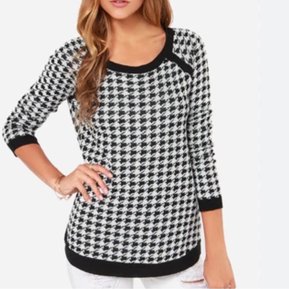 JACK BY BB DAKOTA WOMENS BLACK & WHITE NOLAN HOUNDSTOOTH SWEATER SIZE LARGE